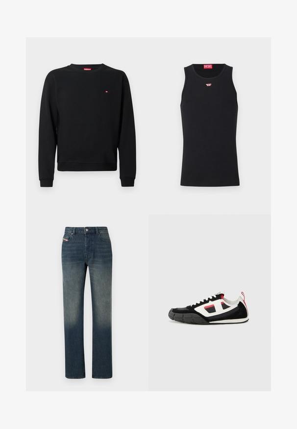 Sort sweatshirt lavet af blødt stof med rund hals og lange ærmer. Lille rødt logo nær brystet. Ribstrikkede manchetter og kant.; Sort ærmeløs Diesel tanktop med lille rødt og hvidt logo på brystet og rød Diesel-etiket indeni kraven.; Blå denimjeans med lige ben, falmet vask, forreste knap- og lynlås lukning samt fem-lomme design.; Diesel S PAGODHA LOW - Sneakers - black