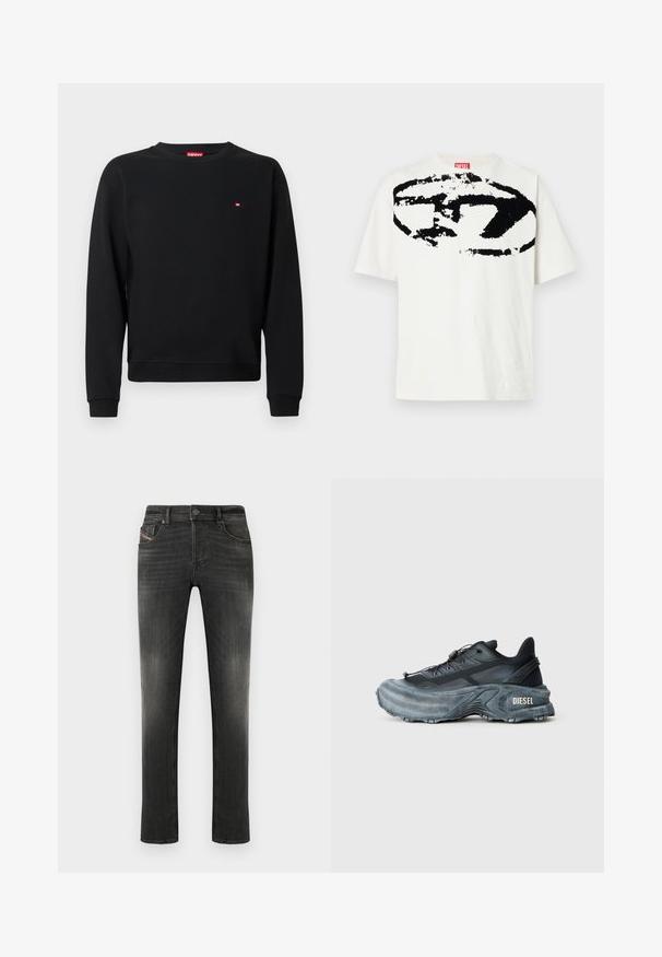 Sort sweatshirt lavet af blødt stof med rund hals og lange ærmer. Lille rødt logo nær brystet. Ribstrikkede manchetter og kant.; Hvid bomulds T-shirt med et stort sort grafisk logo på fronten. Designet inkluderer abstrakte former og teksturer. Korte ærmer.; Mørkegrå jeans med standard pasform, fem-lomme-design, let falmen og en subtil tekstureret afslutning. Metal knaplukning ved taljen.; Sort og grå Diesel sneakers med tyk sål, snørrebåndslukning og tekstureret design på en ensfarvet lysegrå baggrund.