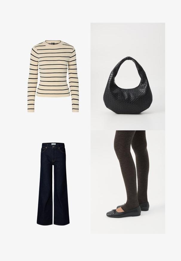 Cremefarvet ribbet sweater med sorte horisontale striber, rund halsudskæring og lange ærmer. Har et tætsiddende design og sømløs tekstur.; Mørkeblå bredbenede denimjeans med frontknap og lynlås, bæltestropper og frontlommer, vist på en hvid baggrund.; Ben iført mørke ribbede leggings kombineret med sorte balletsko med små sløjfedetaljer på hvid baggrund.; Sort flettet håndtaske med et buet håndtag, der har en struktureret overflade og en afslappet form. Glat finish med en organisk silhuet.