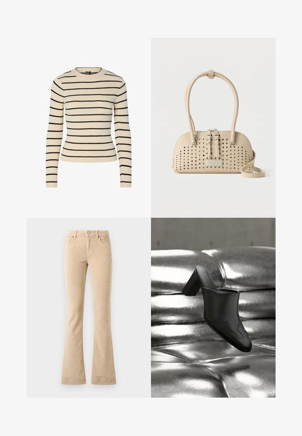 Pull crème côtelé avec des rayures horizontales noires, col rond et manches longues. Présente un design ajusté et une texture sans couture.; Pantalons en velours côtelé beige évasés avec une finition texturée, deux poches avant, une fermeture éclair et un bouton en métal argenté.; Mule en cuir noir avec talon bloc reposant sur une surface argentée brillante capitonnée, mettant en valeur son design élégant et ses détails incurvés.; Sac à main en cuir beige avec des trous perforés, deux tirettes de fermeture éclair, doubles poignées et une longue bandoulière, posé sur un fond uni.