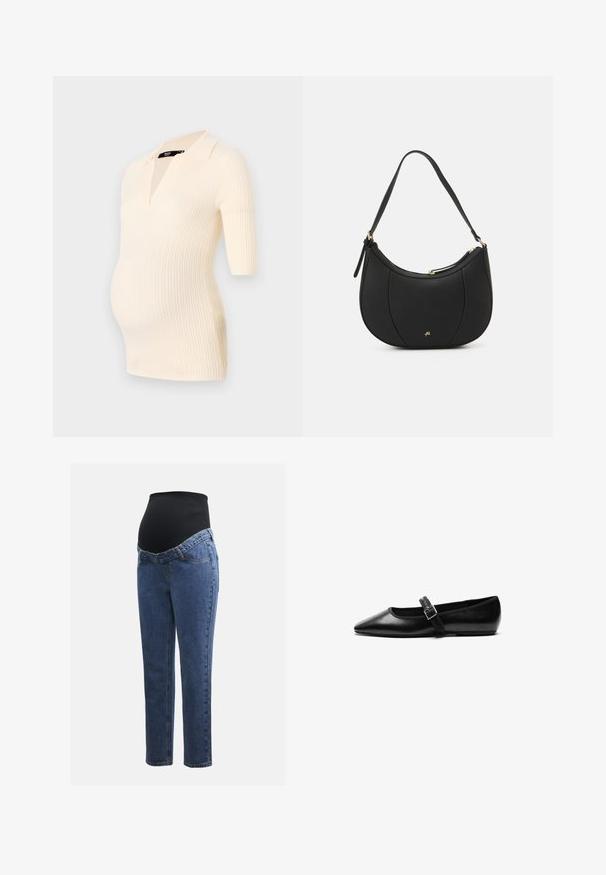 Crème ribbel zwangerschaps top met korte mouwen en een polokraag, ontworpen om comfortabel over een groeiende buik te passen.; Zwangerschapsjeans met blauwe denim benen en een zwart rekbaar buikpaneel, ontworpen om een groeiende buik te ondersteunen en te bedekken.; Zwarte platte schoen van leer met een spitse neus, verstelbare band met een metalen gesp, een gladde textuur en een minimalistisch ontwerp.; Zwarte leren handtas met een gebogen vorm, textuuroppervlak, voornaden en een logo in goudkleur. Beschikt over een enkele verstelbare schouderband.