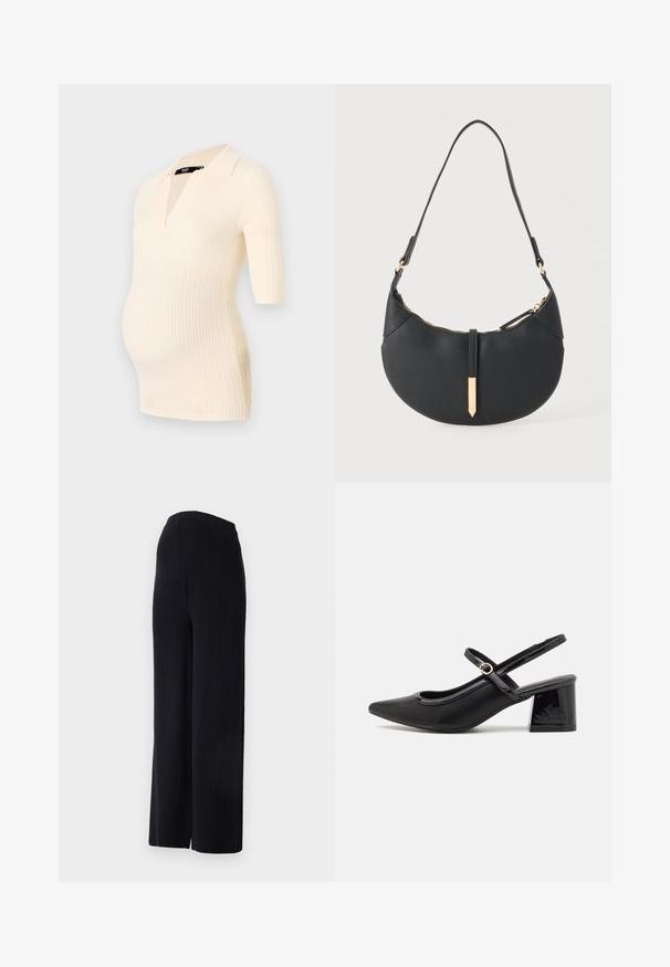 Haut de maternité crème côtelé à manches courtes et col polo, conçu pour s'adapter confortablement à un ventre en croissance.; Even&Odd Maternity by Zalando FULL LENGTH WIDE RIB PANTS M-EV4_SS22_2-1-A_011 - Wide Leg - black; Escarpins slingback en cuir verni noir avec un embout pointu, un design à découpes arrondies et un talon carré. Présente un accent de boucle en ton doré.; Sac à main noir en forme de croissant avec une bandoulière unique, une fermeture éclair dorée et une languette décorative rectangulaire dorée à l'avant.