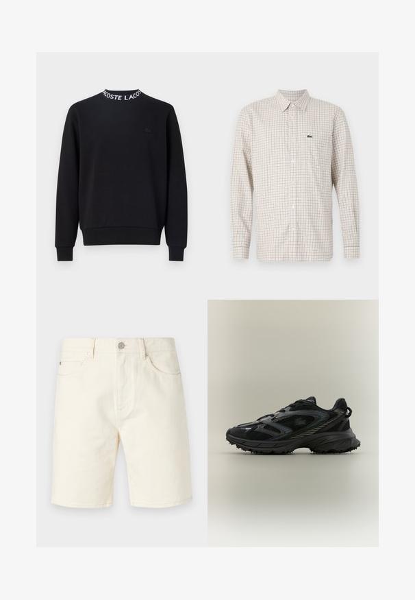 Sort sweatshirt med rund halsudskæring, hvid "LACOSTE" tekst, ribbede mansjetter og kant, samt et lille sort logo på brystet.; Langærmet beige skjorte med rødt og blåt ternet mønster, knappet foran, krave og grøn krokodillelogo på venstre bryst.; Lys beige denim shorts med klassisk skæring, der har frontendepoker, bæltesløjfer og knaplukning. Glat tekstur med ensfarvet farve.; Sort atletisk sko med meshpaneler, en tekstureret sål, snørebånd og en buet silhuet med sølvfarvede accenter på siderne.