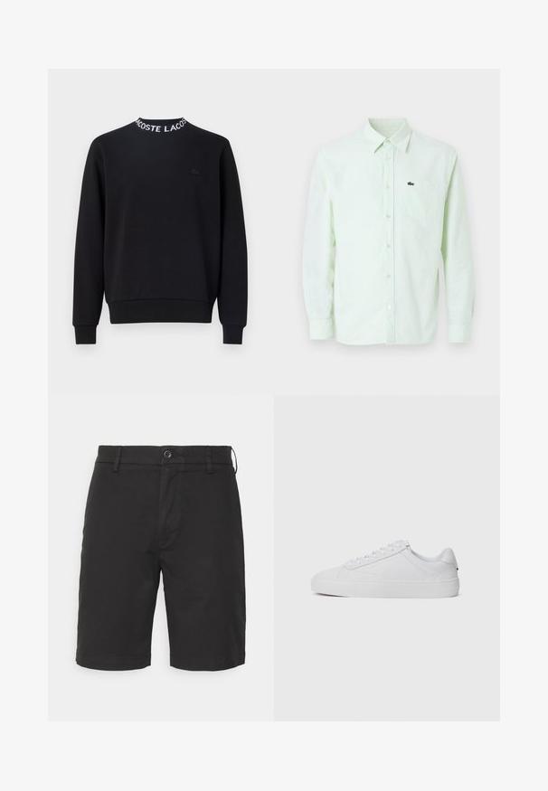 Schwarzer Hoodie mit rundem Halsausschnitt und weißem "LACOSTE"-Schriftzug, gerippten Bündchen und Saum sowie einem kleinen schwarzen Logo auf der Brust.; Hellgrünes und weiß gestreiftes, langärmliges Hemd mit Knopfleiste, Kragen und Brusttasche, die ein kleines Krokodil-Logo trägt.; Schwarze Baumwollshorts mit Knopfverschluss, flacher Vorderseite, Seitentaschen und gesteppten Säumen. Der Stoff wirkt glatt und matt.; Weiße niedrige Sneakers aus glattem Leder, mit einer runden Zehenpartie, flachen Schnürsenkeln und einer strukturierten Gummisohle. Minimalistisches Design ohne sichtbare Markenkennzeichnung.