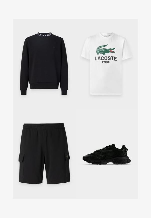 Sort sweatshirt med rund halsudskæring, hvid "LACOSTE" tekst, ribbede mansjetter og kant, samt et lille sort logo på brystet.; Lacoste T-shirts print - white; Sorte shorts lavet af blødt stof, med en elastisk talje, to sidelommer og et lille logo-patch på en af lommerne.; Sort atletiksko med tekstureret mesh og syntetiske overlays, tyk sål med mønster og trækstrop på hælen, vist fra siden på hvid baggrund.