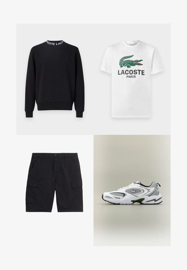 Mustmust, millel on ümmargune kaelus valge "LACOSTE" tekstiga, soonikkoes mansetid ja äär ning väike must logo rinnal.; Lacoste Trükipildiga T-särk - white; Mustad pagasirihmad ees oleva nööbi ja tõmblukuga, kaks küljetaskut, kaks kaantega pagasitaskut ning vööaugud.; Valge ja hall sportlik jooksujalats, millel on võrgupaneelid, rohelised aktsendid, mustad detailid ja küljes logo, nähtuna välisküljelt.