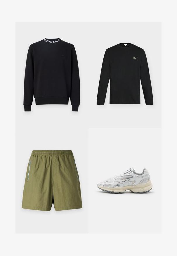 Schwarzer Hoodie mit rundem Halsausschnitt und weißem "LACOSTE"-Schriftzug, gerippten Bündchen und Saum sowie einem kleinen schwarzen Logo auf der Brust.; Schwarzes Langarmshirt mit Rundhalsausschnitt und kleinem grünen Krokodil-Logo auf der linken Brust, vor einem einfarbigen hellen Hintergrund dargestellt.; Olivgrüne Shorts mit elastischem Bund, seitlichen Reißverschlusstaschen und einem leichten, strukturierten Stoff.; Weiße Sportschuhe mit grauen Akzenten, Obermaterial aus Mesh und Synthetik, Schnürdesign und rutschfester Gummisohle mit Strukturmustern.