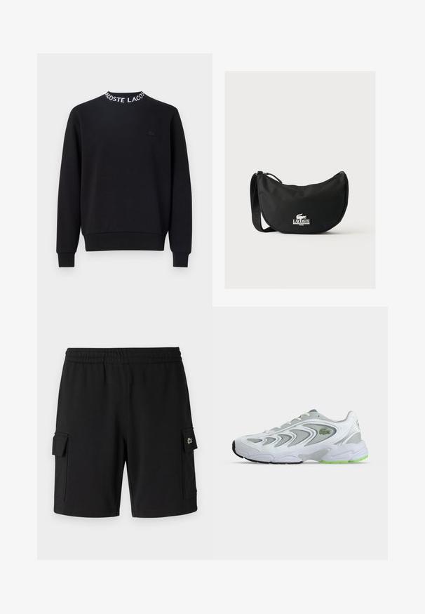 Čierna mikina s okrúhlym výstrihom, na ktorom je biele textové logo "LACOSTE", ribbed manžetami a obšívkou, a malým čiernym logom na hrudi.; Čierne šortky vyrobené z mäkkej tkaniny, s elastickým pásom, dvoma bočnými cargo vreckami a malou nášivkou loga na jednom vrecku.; Biely a sivý atletický teniska s zelenými akcentmi a logom, sieťovinovými panelmi a hrubou tlmenou podrážkou, zobrazený z boku na jednoduchom pozadí.; Čierna Lacoste taška cez rameno so zakriveným tvarom, nastaviteľným remienkom a bielym vyrazeným logom krokodíla nad značkou vpredu.