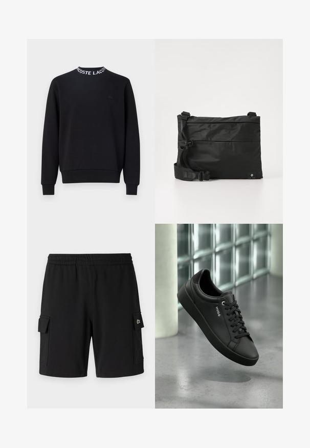 Schwarzer Hoodie mit rundem Halsausschnitt und weißem "LACOSTE"-Schriftzug, gerippten Bündchen und Saum sowie einem kleinen schwarzen Logo auf der Brust.; Schwarze Shorts aus weichem Stoff, mit elastischem Bund, zwei seitlichen Cargo-Taschen und einem kleinen Logo-Patch auf einer Tasche.; Schwarzer Ledersneaker mit schwarzen Schnürsenkeln und dem Markennamen "HUGO" an der Seite, präsentiert vor einem modernen Hintergrund aus Glasbausteinen und Beton.; Schwarze Nylon-Umhängetasche mit verstellbarem Riemen, flachem Design und seitlichem Etikett mit Logo. Glatte Textur und minimalistischer Stil.