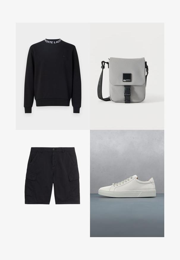 Schwarzer Hoodie mit rundem Halsausschnitt und weißem "LACOSTE"-Schriftzug, gerippten Bündchen und Saum sowie einem kleinen schwarzen Logo auf der Brust.; Schwarze Cargo-Shorts mit vorderem Knopf und Reißverschluss, zwei seitlichen Taschen, zwei Klappentaschen und Gürtelschlaufen.; Weißes Leder-Sneaker mit abgerundetem Zehenbereich, minimalistisches Design, graue Schnürsenkel und einer strukturierten grauen Gummisohle. Dezente Nähte sichtbar.; Graue Crossbody-Tasche mit schwarzem, verstellbarem Gurt, vordere Klappe mit schwarzer Schnalle gesichert, mit quadratischem Karl Lagerfeld Jeans Logo-Patch.