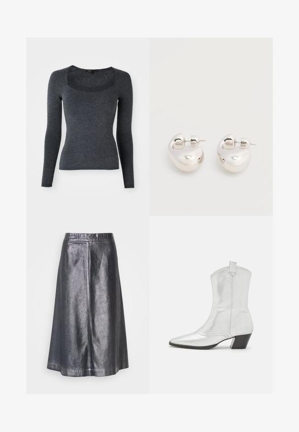 Pull en maille côtelée gris foncé à manches longues, avec un décolleté carré et un motif texturé sur la poitrine. Fabriqué en tissu tricoté doux.; Jupe midi argent métallique avec une texture lisse, forme évasée et une simple ceinture élastique. Présente des coutures latérales pour un look structuré.; Castañer DIMBA - Bottines de cowboy / motard - plata; Paire de boucles d'oreilles argentées brillantes et épaisses avec fermoirs à tige, sur fond blanc uni.