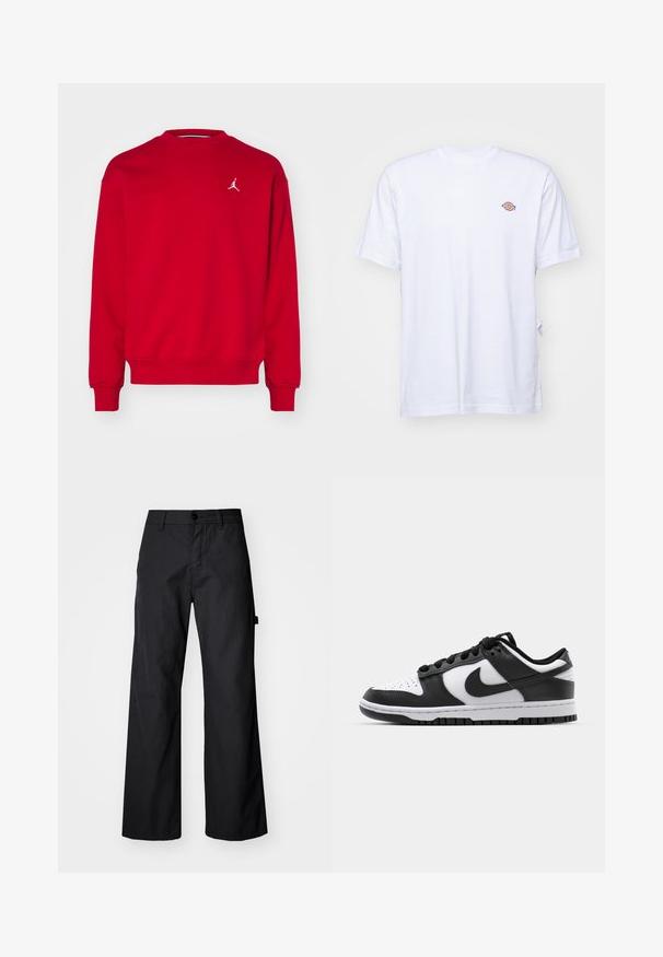 Rode sweatshirt met een ronde hals en lange mouwen. Heeft een wit Jordan-logo op de borst. Gemaakt van een zachte, textured stof.; Witte katoenen t-shirt met een v-hals en korte mouwen. Kenmerkt zich door een klein kleurrijk geborduurd logo op de linkerkant van de borst. Zachte textuur.; Zwarte, wijde broek gemaakt van duurzaam materiaal. Voorzien van een knoopsluiting en zijzakken. Glad textuur met een strakke uitstraling.; Zwart-witte Nike Dunk sneakers met een leren bovenwerk, geperforeerde neus, zwarte veters en een zwarte rubberen zool met profiel.