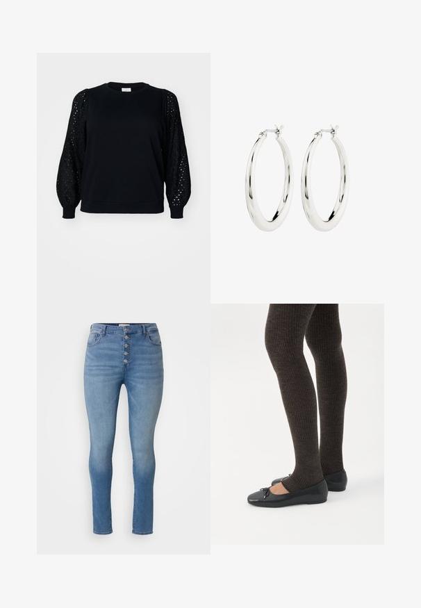 Sort sweatshirt med ensfarvet krop og teksturerede, puffede blondeærmer. Crew neck-design med ribbede manchetter og kant.; ONLY Carmakoma CARHUSH MID BUTTON BOX - Jeans Skinny Fit - light blue; Ben iført mørke ribbede leggings kombineret med sorte balletsko med små sløjfedetaljer på hvid baggrund.; Sølvøreringe i form af hoops med en glat, blank finish. Cirkulær form, der har en sikker lås. Simpelt og elegant design.