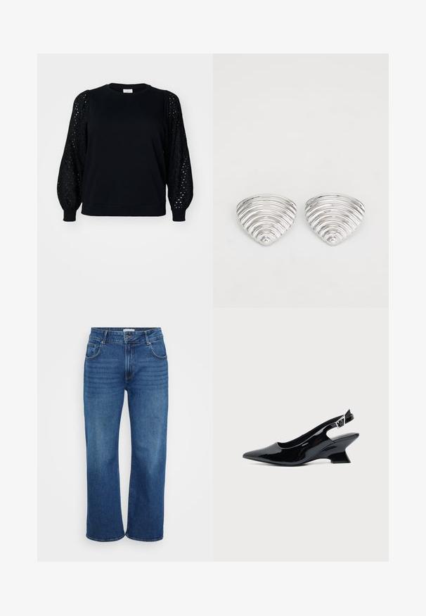 Sort sweatshirt med ensfarvet krop og teksturerede, puffede blondeærmer. Crew neck-design med ribbede manchetter og kant.; Bredde ben jeans i mørkeblå denim. Har fem lommer, bælteskydere og svag falmning langs benene. Glat tekstur med en standart pasform.; Sort laklæder slingback sko med spids tå og lav vinklet blokhæl på ensartet lys baggrund.; Sølvfarvede øreringe med et bølget, tekstureret design, formet som overlappende halvmåner; den polerede overflade fremhæver de reflekterende egenskaber.