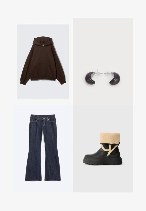 Brun oversized hoodie lavet af en bomuldsblanding, der har en stor hætte, forlommeslomme og ribbede manchetter. Glat tekstur med minimal design.; Mørkeblå denim jeans med en let vidde forneden, med forlommer, knap og synlige syningsdetaljer.; Sort vandtæt ankelstøvle med en tyk sort sål, der har en tan faux fur krave og side detalje. Glat læder og tekstureret pels kontrasterer.; Mørkelilla resinøreringe formet som halvmåner med sølvmetalaccenter og gennemsigtige plastikbagstykker for sikker fastgørelse.