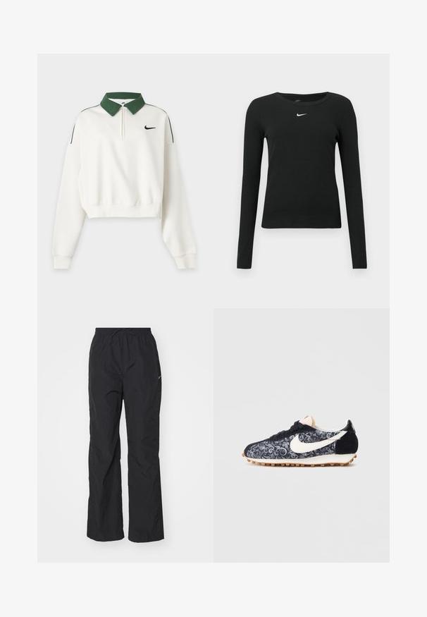 Sweat court blanc à manches longues avec col vert, fermeture éclair devant, logo Nike Swoosh noir sur la poitrine et bandes vertes aux épaules.; Haut noir à manches longues ajusté en tissu côtelé, avec un col rond et un logo Nike blanc discret sur la poitrine.; Pantalons noirs légers avec une taille élastique et un cordon de serrage. Présentent une finition texturée et un petit logo réfléchissant sur le côté.; Baskets Nike en noir et blanc avec motif floral, accents en suède, semelle en caoutchouc et lacets noirs. Présente un logo swoosh blanc.