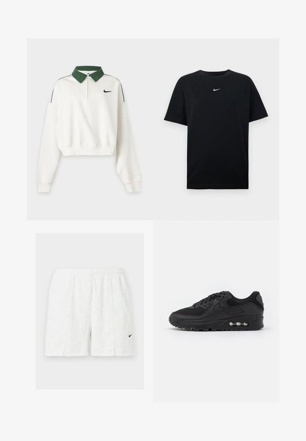 Sweat court blanc à manches longues avec col vert, fermeture éclair devant, logo Nike Swoosh noir sur la poitrine et bandes vertes aux épaules.; T-shirt en coton noir avec col rond et manches courtes. Présente un petit logo Nike blanc centré sur la poitrine. Texture lisse.; Shorts de sport blancs avec taille élastique et logo Nike Swoosh noir sur la jambe gauche, présentés sur un fond uni.; Baskets de sport noires avec une tige en cuir lisse et en mesh, bout rond, accents texturés, et une unité d'air visible dans la semelle.