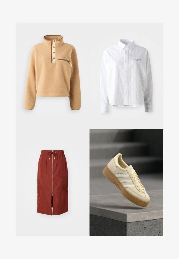Beige fliisi särk kõrge kraega, pool-nööbid ja vasakpoolne rinnakott lukuga. Tekstuuriga kangas pruunide aktsentidega.; Valge nööbiga särk, millel on helesinised vertikaalsed triibud, terav krae ja väike sinine logo vasakul rinnal. Puuvillane kangas, mugav istuvus.; Keskmise pikkusega seelik terrakota punases, millel on eesne lukuga, elastne vöökoht koos tõmblukuga ja küljetaskud geomeetrilise mustriga.; Beeži seemisnahast tossud kummist tallaga, valgete triipude ja "SPEZIAL" logoga, hõljuvad halli astmelise betoonpinna kohal.