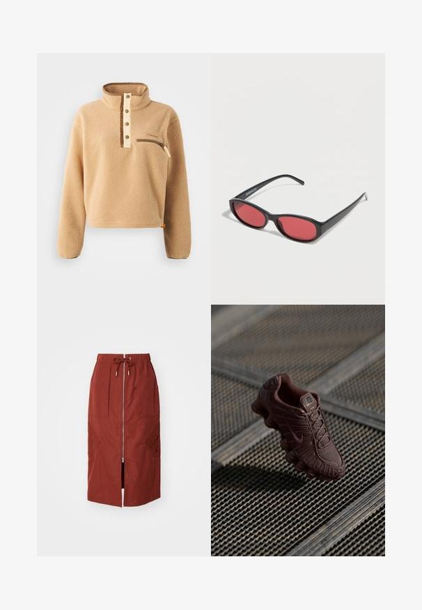 Beige fleece pullover met een hoge kraag, halve knoopsluiting en een ritszak aan de linkerborst. Getextureerde stof met bruine accenten.; Mid-length rok in terracotta rood, met een rits aan de voorkant, een elastische tailleband met trekkoord en zijzakken met een geometrisch ontwerp.; Bruine Nike sneaker met een gestructureerde mesh bovenkant, onderscheidende gebogen zool en gevoerde kraag, tegen een kleurrijke achtergrond.; Zwarte ovale zonnebril met slanke pootjes en rood getinte glazen, rustend op een witte ondergrond.