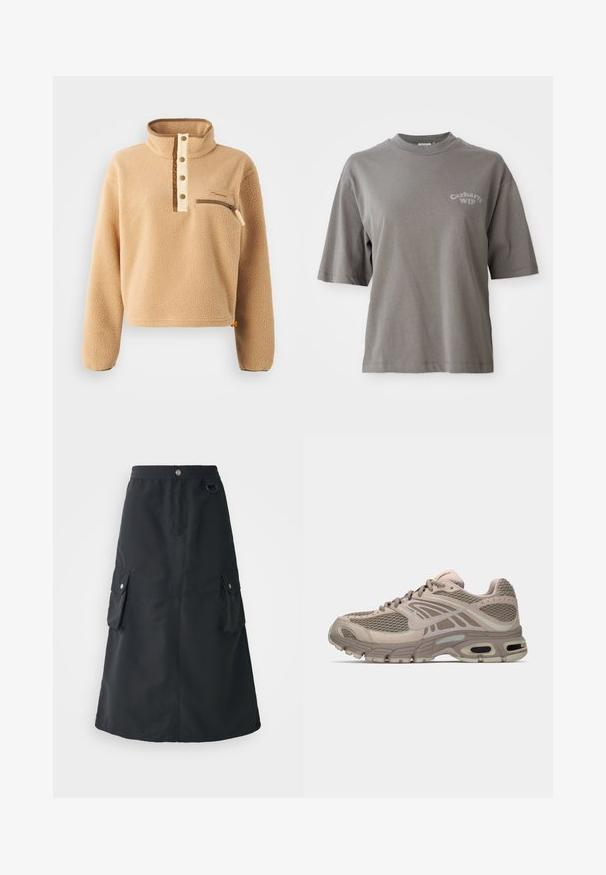 Pulóver de forro polar beige con un alto cuello, tapeta de medio botón y un bolsillo con cremallera en el pecho izquierdo. Tejido texturizado con acentos marrones.; Camiseta de algodón gris con mangas cortas, cuello redondo y un pequeño logo de Carhartt WIP impreso en el frente. Textura suave, ajuste relajado.; Falda negra a la mitad de la pantorrilla, elaborada con un tejido ligero, cuenta con una cinturilla elástica, dos bolsillos cargo y un sutil brillo.; Zapatilla deportiva beige con parte superior de malla, acentos moldeados, punta redondeada y amortiguación de aire visible en la suela. Cintas en tono neutro.