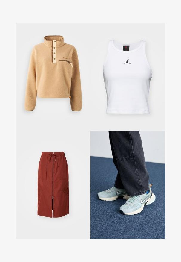 Pulóver de forro polar beige con un alto cuello, tapeta de medio botón y un bolsillo con cremallera en el pecho izquierdo. Tejido texturizado con acentos marrones.; Top corto blanco de algodón con textura acanalada. Cuenta con un logo negro de Jordan en el centro y un clásico escote redondo.; Falda de longitud media en rojo terracota, con cremallera frontal, cinturilla elástica con cordón ajustable y bolsillos laterales con un diseño geométrico.; Zapatillas Nike de malla azul claro con un acabado texturizado, swoosh negro y suela media crema, combinadas con pantalones de pierna ancha gris oscuro.