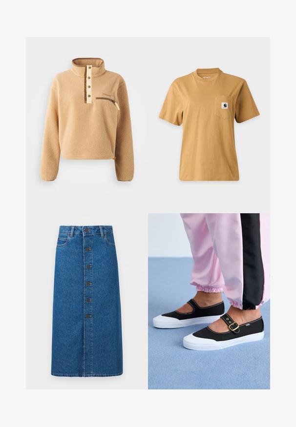 Beige fleece pullover met een hoge kraag, halve knoopsluiting en een ritszak aan de linkerborst. Getextureerde stof met bruine accenten.; Effen bruine T-shirt met korte mouwen en een borstzakje met een vierkante merklogo-patch, getoond op een effen lichte achtergrond.; Blauwe denim midirok met knoopsluiting aan de voorkant, riemlussen en zijzakken, getoond op een effen witte achtergrond.; Zwarte canvas schoenen met een witte zool, met een uitgesneden ontwerp en een gouden gespband. Draagt met roze joggingsbroek.