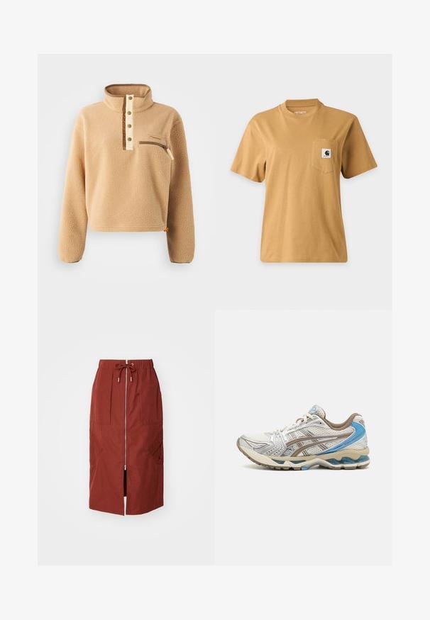 Pulóver de forro polar beige con un alto cuello, tapeta de medio botón y un bolsillo con cremallera en el pecho izquierdo. Tejido texturizado con acentos marrones.; Camiseta lisa marrón de manga corta con un bolsillo en el pecho que presenta un parche cuadrado con el logo de la marca, mostrada sobre un fondo claro liso.; Falda de longitud media en rojo terracota, con cremallera frontal, cinturilla elástica con cordón ajustable y bolsillos laterales con un diseño geométrico.; Zapatilla de running blanca y beige con detalles azules, parte superior de malla, suela acolchada y diseño con cordones, mostrada desde el lado exterior.