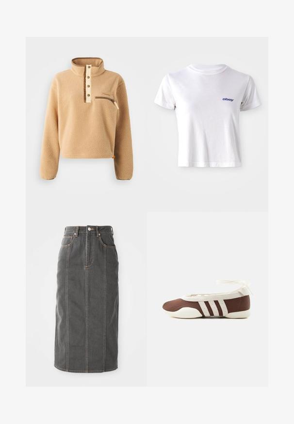 Pulóver de forro polar beige con un alto cuello, tapeta de medio botón y un bolsillo con cremallera en el pecho izquierdo. Tejido texturizado con acentos marrones.; Camiseta de algodón blanca con escote redondo y mangas cortas, con un pequeño logotipo azul "obey" en el área del pecho izquierdo.; Falda midi de mezclilla gris con corte recto, cinco bolsillos y costuras naranjas a lo largo de las costuras. Cuenta con un cierre de botón en la parte delantera y trabillas para cinturón.; Zapato plano de ballet marrón y blanco con tres franjas blancas y lazo para atar en el tobillo sobre un fondo claro y sencillo.