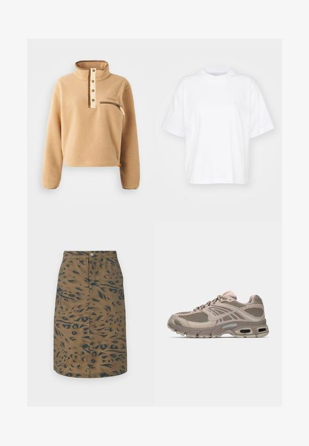 Beige fleece pullover met een hoge kraag, halve knoopsluiting en een ritszak aan de linkerborst. Getextureerde stof met bruine accenten.; Witte katoenen t-shirt met een ronde hals, korte mouwen en een ontspannen pasvorm. Heeft een subtiel logo op het linkerborstgedeelte. Zachte textuur.; Bruine rok tot op de knie met donkergroene abstracte dierenprint, knopen aan de voorkant en elastische tailleband, plat gelegd op een witte achtergrond.; Beige sportschoen met bovenwerk van mesh, gevormde accenten, ronde neus en zichtbare luchtkussens in de zool. Veters in een neutrale tint.
