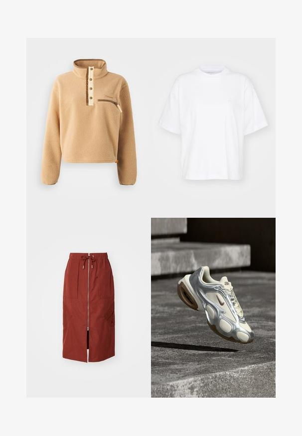 Pulóver de forro polar beige con un alto cuello, tapeta de medio botón y un bolsillo con cremallera en el pecho izquierdo. Tejido texturizado con acentos marrones.; Camiseta de algodón blanca con cuello redondo, mangas cortas y un corte relajado. Presenta un logo sutil en el área del pecho izquierdo. Textura suave.; Falda de longitud media en rojo terracota, con cremallera frontal, cinturilla elástica con cordón ajustable y bolsillos laterales con un diseño geométrico.; Zapatilla deportiva en crema y plata metálica flotando sobre escalones de concreto con suelas de goma marrón y logotipo de Nike.