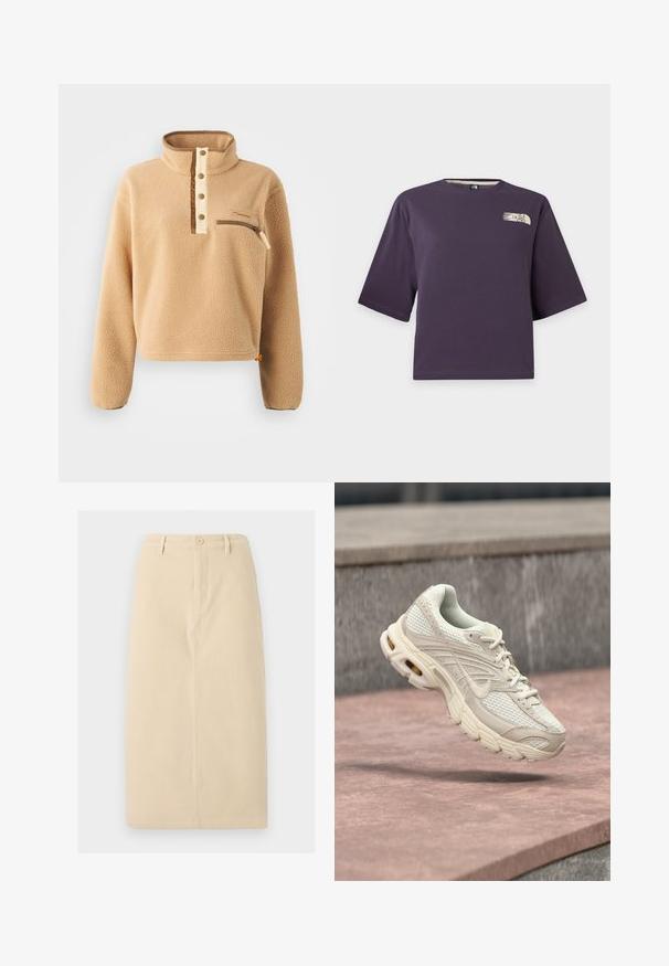 Beige fleece pullover met een hoge kraag, halve knoopsluiting en een ritszak aan de linkerborst. Getextureerde stof met bruine accenten.; Paarse korte mouw crop top met een klein beige The North Face-logo op de bovenste linkerborst.; Beige, knie-lange rok van stevig materiaal, met een sluiting aan de voorkant met knopen en subtiele verticale naaddetails.; Lichtbeige sportschoen met een bovenwerk van mesh, een afgeronde neus en een gestructureerde middenzool. Voorzien van een gevoerde kraag en veters met een subtiel logo.