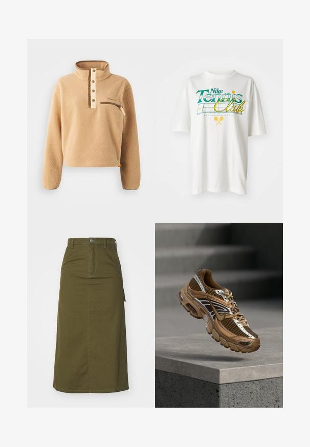 Beige fliisi särk kõrge kraega, pool-nööbid ja vasakpoolne rinnakott lukuga. Tekstuuriga kangas pruunide aktsentidega.; Valge puuvillane T-särk, millel on roheline ja kollane graafiline print "Nike Tennis Club", tenniseteemaliste motiividega ning asutamisaasta 1972.; Olivroheline puuvillane midi-seelik sirge lõikega, nööbiklõpsuga, kahe küljetaskuga ja kerge lõhikuega hemmi juures liikumisvabaduse tagamiseks.; Pruun ja beež Nike toss võrgumaterjali ja peegeldavate detailidega, hõljumas betoonserva kohal udus halli tausta taustal.
