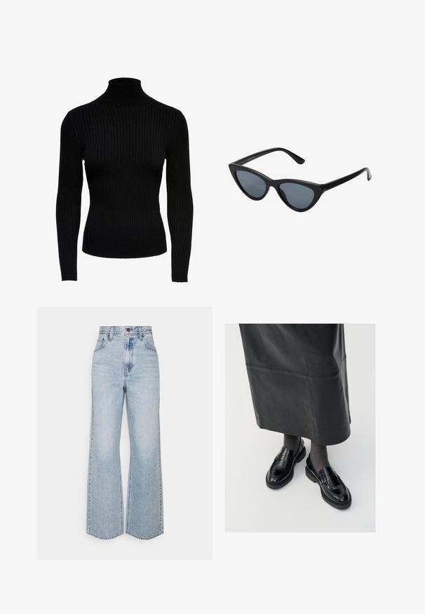 Pull noir en maille côtelée à col roulé, avec des manches longues, au design ajusté et à la texture lisse. Doté d'un col haut et de manches resserrées.; Jean large en denim bleu clair avec taille haute, design classique à cinq poches et couture contrastante. Détail de ourlet brut en bas.; Mocassins en cuir noir avec une finition lisse, ornés d'une bande décorative, à bout rond et avec une semelle texturée. Portés avec une longue jupe en cuir noir.; Lunettes de soleil noires en forme d'œil de chat avec des verres gris foncé, monture en plastique élégante, coins pointus et branches droites. Pas de métal visible ni d'accents.