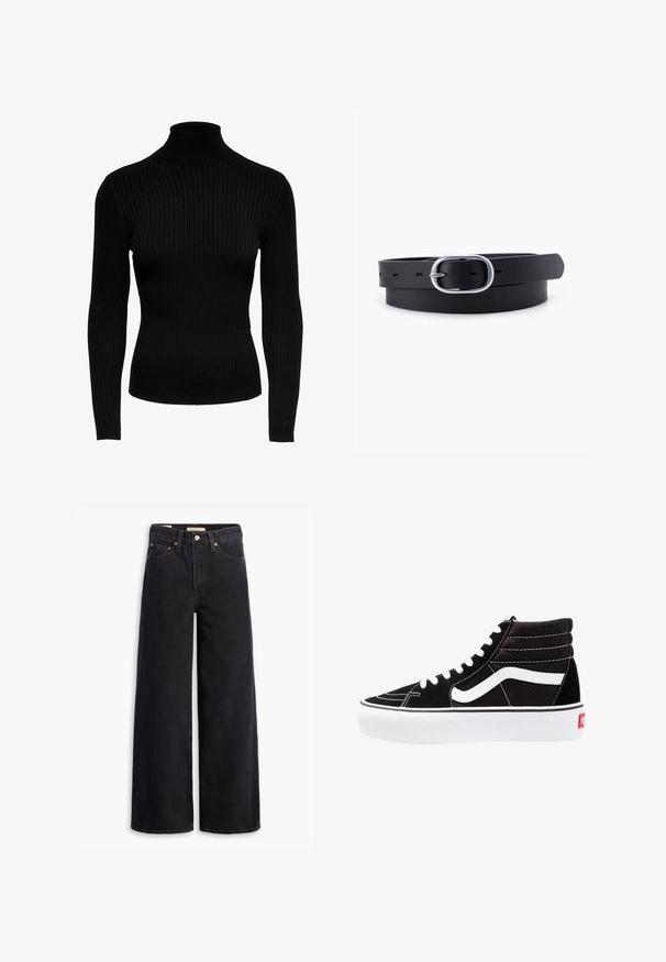 Pull noir en maille côtelée à col roulé, avec des manches longues, au design ajusté et à la texture lisse. Doté d'un col haut et de manches resserrées.; Jean noir à jambe large en denim, comportant cinq poches, des rivets en laiton et une fermeture à bouton classique. Texture lisse avec un design épuré.; Baskets montantes noires avec des lacets blancs, un logo blanc et des coutures blanches contrastées. Dotées d'une épaisse semelle blanche et d'un dessus en daim texturé.; Ceinture en cuir noir au toucher lisse, boucle en métal argenté de forme ovale et plusieurs trous d'ajustement le long de la sangle. Design plat et minimal.