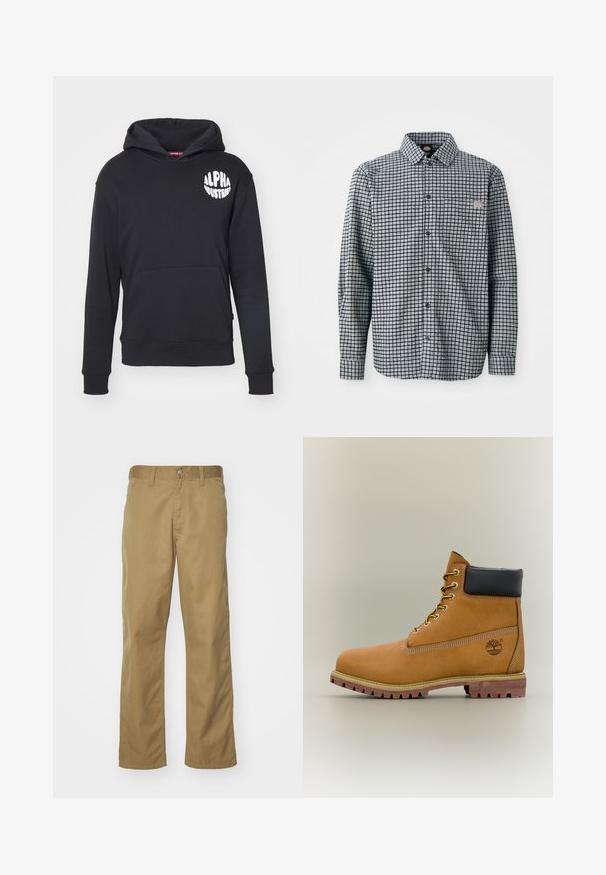 Schwarzer Hoodie aus Baumwollmischgewebe. Mit einer vorderen Kängurutasche, weißem Logo auf der linken Brust und gerippten Bündchen und Saum.; Langärmliges, schwarz-weiß kariertes Hemd mit Knopfleiste, Kragen und kleinem Logopatch auf der linken Brusttasche.; Khaki Chinos mit geradem Bein, aus glattem Baumwollstoff gefertigt. Mit einer Knopfverschluss vorn und seitlichen Taschen.; Brauner Leder-Stiefelette mit schwarzem Kragen, gelben Schnürsenkeln und hellbrauner Sohle. Verfügt über ein Logo und weiße Ziernähe. Robuste Profilsohle.