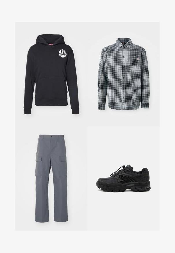 Schwarzer Hoodie aus Baumwollmischgewebe. Mit einer vorderen Kängurutasche, weißem Logo auf der linken Brust und gerippten Bündchen und Saum.; Langärmliges, schwarz-weiß kariertes Hemd mit Knopfleiste, Kragen und kleinem Logopatch auf der linken Brusttasche.; Grau Cargo-Hosen aus strapazierfähigem Stoff. Zu den Merkmalen gehören ein elastischer Bund, zwei große Seitentaschen und ein gerader Schnitt.; Schwarzer athletischer Sneaker mit strukturiertem Stoff, dicker gepolsterter Sohle, Luftauslässen und Schnürverschluss, von der Seite auf hellem Hintergrund gezeigt.