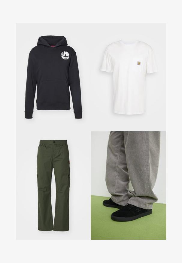 Sort hættebluse lavet af en bomuldsblanding. Har en front-kangaroo lomme, logo i hvidt på venstre bryst og ribbede ærmer og kant.; Hvid bomulds T-shirt med korte ærmer, en brystlomme, og et lille firkantet logo patch i orange og hvid på lommen.; Olivengrønne cargo-bukser med knaplukning, elastisk talje og sidelommer, lavet af letvægtsstof med en glat tekstur.; Sorte ruskind skate sko med en struktureret finish og et logo, parret med grå cordurypants med en ribbet tekstur. Grøn gulvoverflade.
