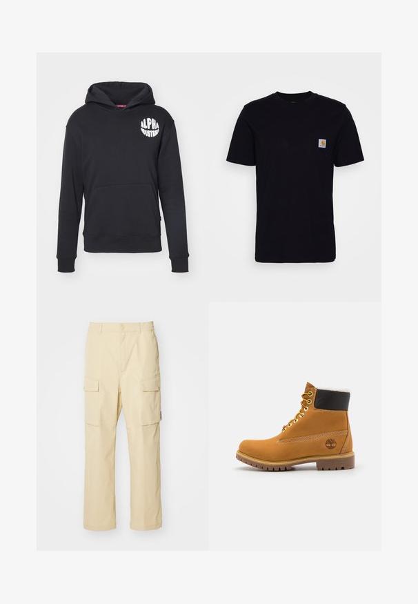 Sudadera negra hecha de una mezcla de algodón. Cuenta con un bolsillo canguro en la parte frontal, un logo blanco en el lado izquierdo del pecho, y puños y dobladillo de canalé.; Camiseta de algodón negra con mangas cortas, cuello redondo y un bolsillo en el pecho que presenta un pequeño parche de logo cuadrado. Diseño simple y sólido.; Pantalones cargo beige hechos de tela con cinturilla elástica y cierre de botón. Presenta dos bolsillos laterales y un diseño simple.; Botín de cuero marrón con ojales de metal, forro de piel sintética blanca, cuello acolchado negro, suela resistente y logotipo en relieve en el costado.
