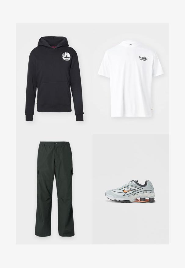 Hoodie noir en tissu mélangé de coton. Dispose d'une poche kangourou frontale, d'un logo blanc sur la poitrine gauche et de poignets et d'un ourlet côtelés.; T-shirt en coton blanc avec col rond, manches courtes, et un petit logo noir "Dickies Workwear" sur la poitrine gauche. Texture lisse, coupe standard.; Pantalons cargo vert foncé avec une coupe décontractée, une taille élastique, des poches cousues et une texture de tissu lisse et léger.; Chaussure de course gris clair avec accents noirs, logo orange, tige en mesh, col rembourré et semelle en caoutchouc avec unités d'absorption des chocs visibles.