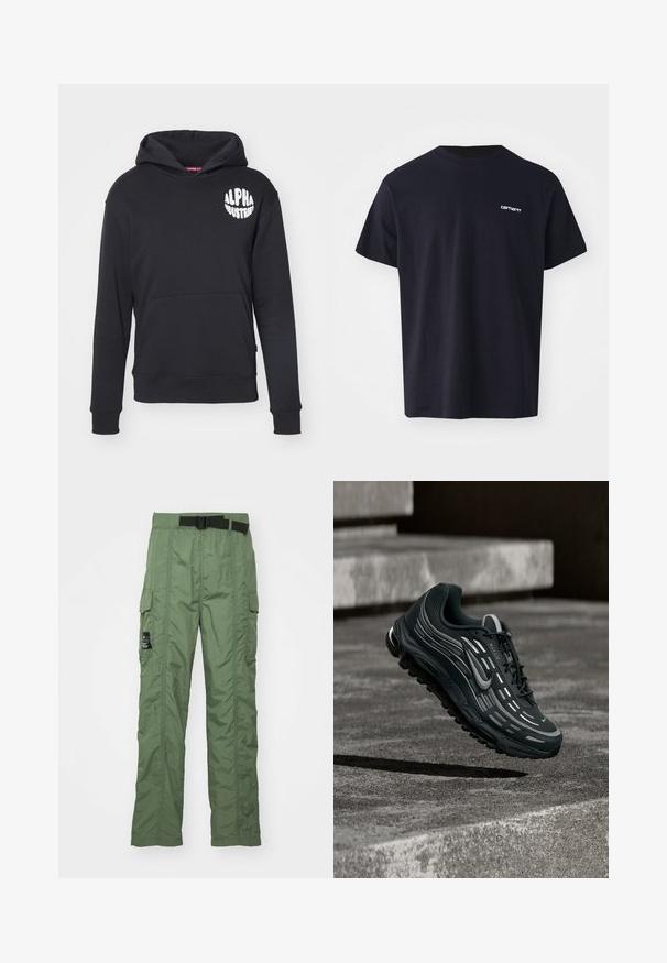Sudadera negra hecha de una mezcla de algodón. Cuenta con un bolsillo canguro en la parte frontal, un logo blanco en el lado izquierdo del pecho, y puños y dobladillo de canalé.; Camiseta de algodón negra con mangas cortas, cuello redondo y un sutil logotipo blanco en la parte izquierda del pecho. Textura suave, corte estándar.; Pantalones cargo en verde oliva, confeccionados en tela ligera. Cuentan con un cinturón negro, bolsillos cargo a los lados y detalles de costura.; Zapatilla Nike Air Max negra y gris flotando sobre escalones de hormigón gris con fondo de suelo texturizado.