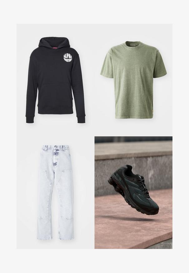 Sudadera negra hecha de una mezcla de algodón. Cuenta con un bolsillo canguro en la parte frontal, un logo blanco en el lado izquierdo del pecho, y puños y dobladillo de canalé.; Camiseta de algodón verde oliva con mangas cortas, escote redondo y una textura sutil. Presenta una pequeña etiqueta de logo en el costado.; Pantalones vaqueros de mezclilla azul claro, de pierna recta, con bolsillos de parche, cintura alta y un acabado desgastado. Presentan costuras tonales y un ajuste relajado.; Zapatilla deportiva negra con entresuela visible con amortiguación de aire que flota sobre una superficie de piedra rosa con un fondo de pared de piedra gris.
