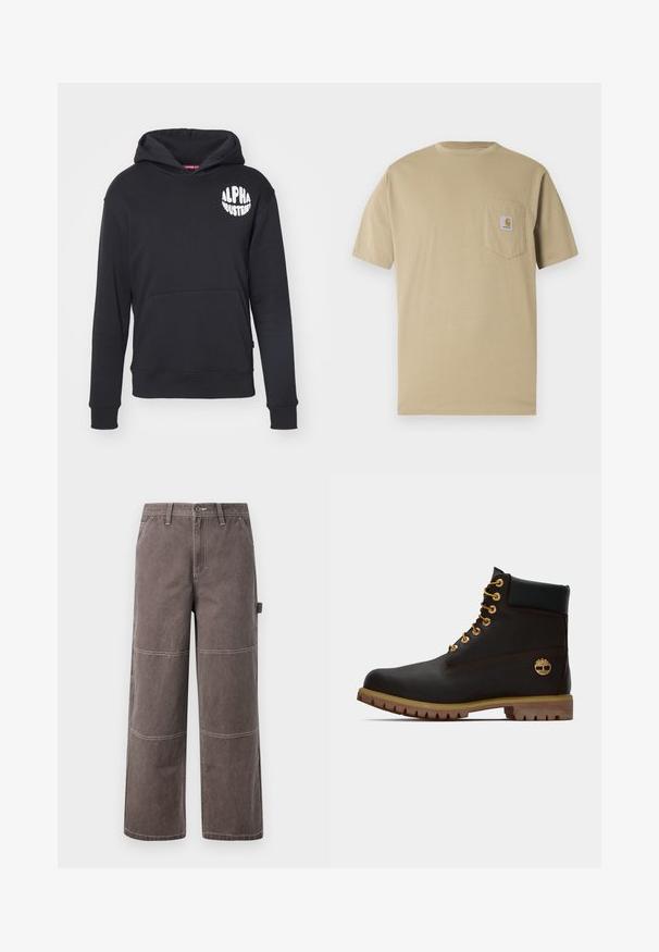 Schwarzer Hoodie aus Baumwollmischgewebe. Mit einer vorderen Kängurutasche, weißem Logo auf der linken Brust und gerippten Bündchen und Saum.; Beige T-Shirt mit kurzen Ärmeln aus Baumwolle, mit einer Brusttasche links und einem Logo-Patch. Klassischer Rundhalsausschnitt mit regulärer Passform.; Weite Hosen in einem verblassten Braunton, aus strapazierfähigem Stoff mit kontrastierenden Nähten. Mit Paneeldetails und einer Seitentasche.; Schwarze Leder-Ankle-Boots mit goldenen Ösen, braunen Akzenten und einer Gummisohle. Verfügt über einen gepolsterten Schaft und ein geprägtes Logo an der Seite.