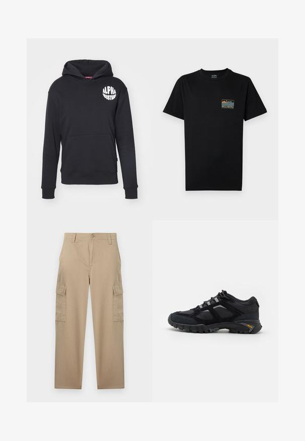 Schwarzer Hoodie aus Baumwollmischgewebe. Mit einer vorderen Kängurutasche, weißem Logo auf der linken Brust und gerippten Bündchen und Saum.; Schwarzes Kurzarm-T-Shirt mit kleinem mehrfarbigem Berg- und Ozean-Motiv und dem Schriftzug "BILLABONG Adventure division" auf der linken Brust.; Beige Cargo-Hosen mit geradem Bein, Knopfverschluss, Gürtelschlaufen, Vordertaschen und Klappentaschen an beiden Oberschenkeln.; Schwarzer Outdoor-Schuh aus Wildleder und Mesh mit robuster Sohle. Verfügt über graue Akzente und Vibram-Branding an der Seite. Schnürdesign.