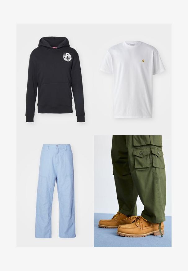 Sort hættebluse lavet af en bomuldsblanding. Har en front-kangaroo lomme, logo i hvidt på venstre bryst og ribbede ærmer og kant.; Hvid bomulds t-shirt med korte ærmer, rund hals og et lille guld logo på venstre brystområde. Blød tekstur og almindelig pasform.; Lyseblå linnedragter med en afslappet pasform, der har patchlommer og synlige stikninger. Stof har et blødt, struktureret udseende.; Timberland AUTHENTIC 3 EYE - Sejlersko - wheat
