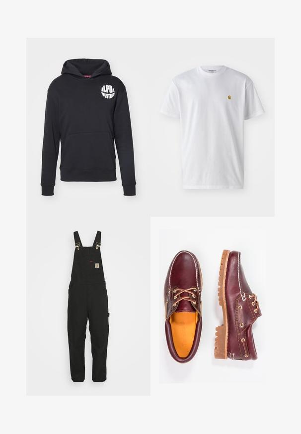 Zwarte hoodie gemaakt van een katoenmix. Beschikt over een voorzak in kangoeroestijl, een wit logo op de linkerborst en ribbelboorden en -zoom.; Witte katoenen t-shirt met korte mouwen en ronde hals, voorzien van een klein gouden logo op de linkerkant van de borst. Zachte textuur en een normale pasvorm.; Zwarte katoen salopettes met verstelbare banden, een voorkantzak met logo patch en twee zijzakken in een relaxte pasvorm.; Bordeaux leren schoenen met bruine rubberen zolen, ronde neus, witte stiksels en gouden veterogen. Het interieur heeft een gele voering.