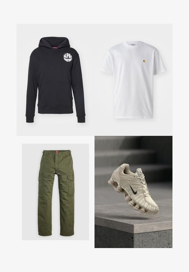 Hoodie noir en tissu mélangé de coton. Dispose d'une poche kangourou frontale, d'un logo blanc sur la poitrine gauche et de poignets et d'un ourlet côtelés.; T-shirt en coton blanc à manches courtes, col rond, avec un petit logo doré sur la poitrine gauche. Texture douce et coupe régulière.; Pantalons cargo vert olive en tissu durable, dotés de poches latérales, d'une fermeture à bouton et d'une coupe droite.; Chaussure de course Nike beige avec swoosh noir, empeigne respirante et semelle segmentée distinctive, posée au-dessus d'une plateforme en béton.