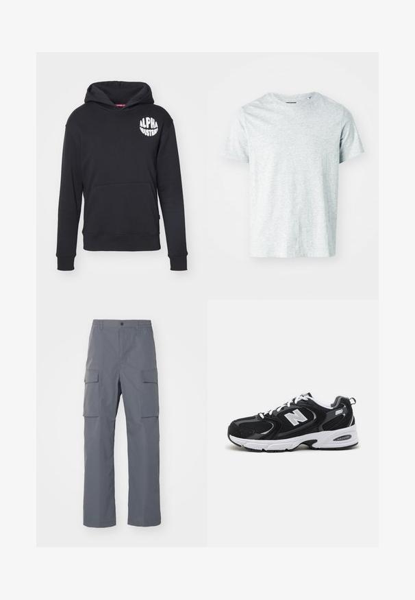Zwarte hoodie gemaakt van een katoenmix. Beschikt over een voorzak in kangoeroestijl, een wit logo op de linkerborst en ribbelboorden en -zoom.; Lichtgrijze, korte mouwen t-shirt van zacht stof, met een ronde hals en een iets relaxte fit. Geen zichtbare patronen of graphics.; Grijze cargobroek van duurzaam materiaal. Kenmerken zijn een elastische tailleband, twee grote zijzakken en een rechte pijp.; Zwarte en grijze sport schoenen met een bovenwerk van mesh en suede, voorzien van een witte tussenzool, veters en een gedurfde "N"-logo aan de zijkant.