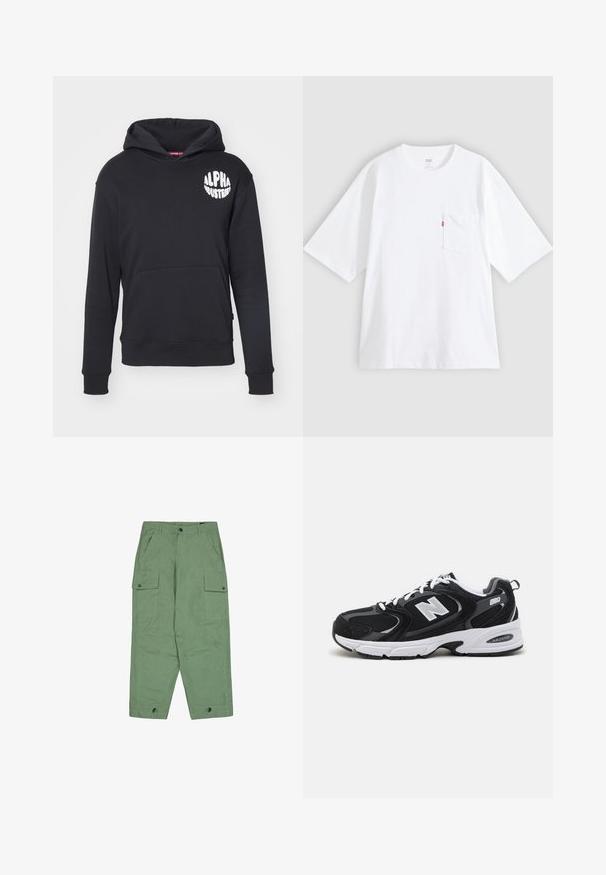 Sort hættebluse lavet af en bomuldsblanding. Har en front-kangaroo lomme, logo i hvidt på venstre bryst og ribbede ærmer og kant.; Hvid bomulds-T-shirt med korte ærmer, rund hals og lomme på venstre bryst. Har en lille rød logoetiket på lommen.; Grøn cargo-bukser med afslappet pasform, to store sidelommer og justerbare ankelmanchetter. Fremstillet af tekstureret bomuldsstof.; Sorte og grå sportssko med mesh og ruskind på overdelen, der har en hvid mellemsål, snørebånd og et iøjnefaldende "N" logo på siden.