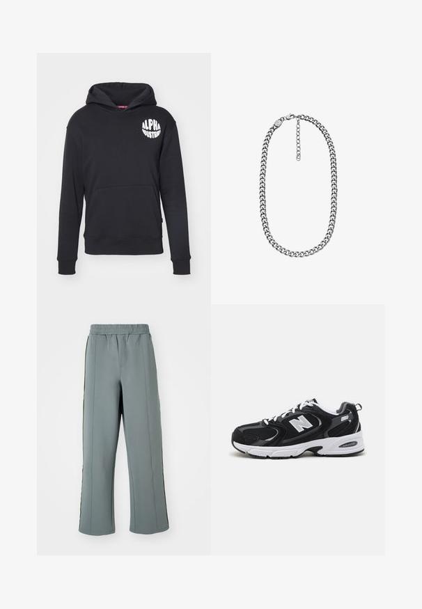 Sort hættebluse lavet af en bomuldsblanding. Har en front-kangaroo lomme, logo i hvidt på venstre bryst og ribbede ærmer og kant.; Grå sweatpants lavet af glat stof, med en elastisk talje og kontrasterende lodrette striber langs siderne. Løs pasform.; Sorte og grå sportssko med mesh og ruskind på overdelen, der har en hvid mellemsål, snørebånd og et iøjnefaldende "N" logo på siden.; Smykke med sølvfarvet curb-kæde med en lås med hummerlås og justerbar forlængerkæde på en hvid baggrund.
