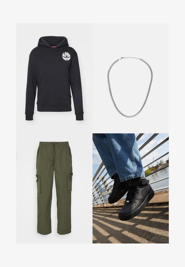 Sort hættebluse lavet af en bomuldsblanding. Har en front-kangaroo lomme, logo i hvidt på venstre bryst og ribbede ærmer og kant.; Oliven grøn cargo bukser lavet af let materiale, med elastisk talje, snorelukning og flere lynlåslommer.; Sorte Nike Air Force 1 sneakers med læderoverdel, mesh-tunge og gummisål, der har et høj-top design og tykke snørebånd.; Fossil JEWELRY NECKLACE - Halskæder - silver-coloured